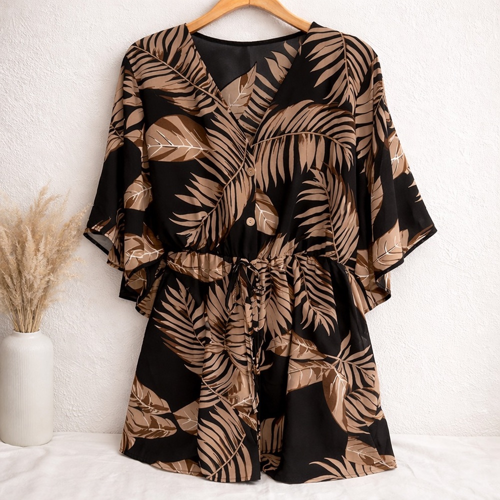 Black and Tan Leaf Print Women's Top